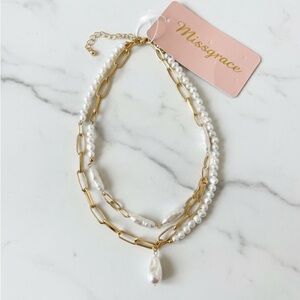 NWT Missgrace Gold Layered Pearl Necklace | Boho Paperclip Link & Baroque Pearl